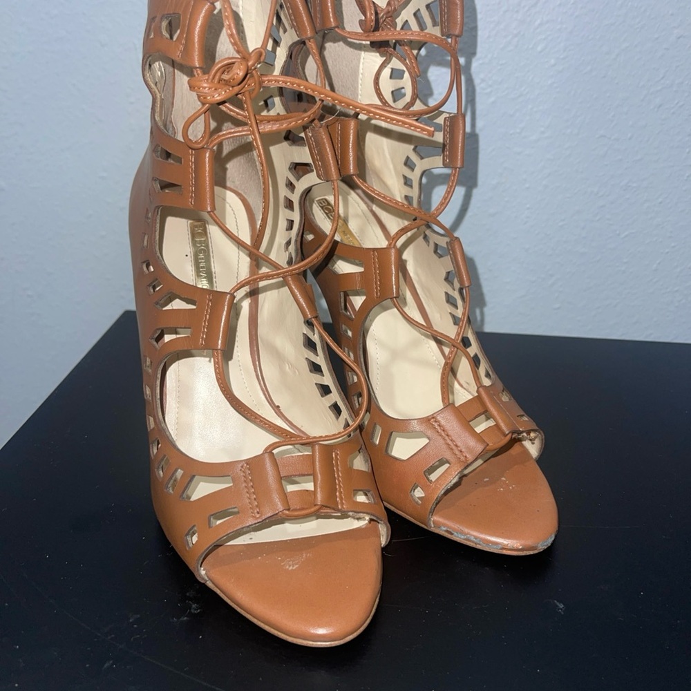 BCBG Brown Tan Gladiator Heels with Intricate Straps